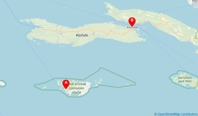 Map of ferry route between Ubli (Lastovo) and Korcula